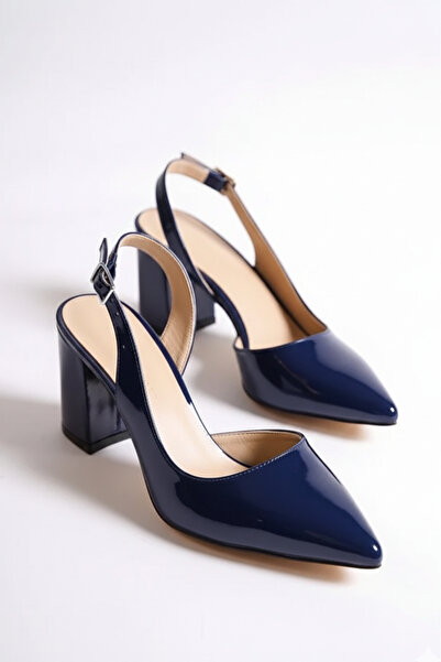 Shoesers Дамски тъмносини лачени обувки с асиметрична каишка, заострени върхо...