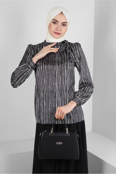 Alvina بلوزة ساتان مخططة بربطة عنق 43713