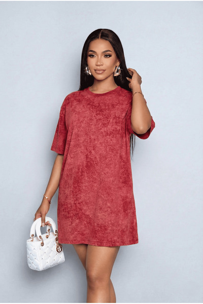 Avones Kadın Mini Elbise – Asit Yıkamalı Batik Desen, %100 Pamuk, Oversize, R...