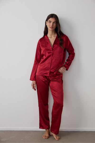 Penti Red Satin Shirt Collar Long Sleeve Pajama Set