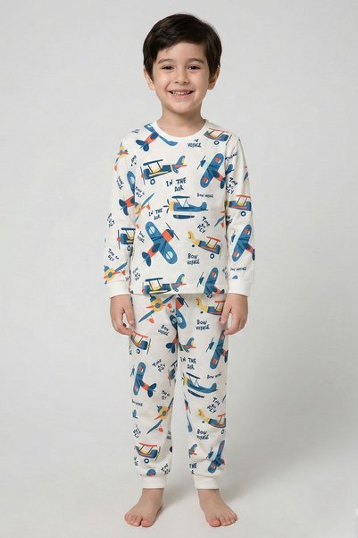 ZUZUNGA Time To FLY Beyaz Desenli Çocuk Pijama Takımı