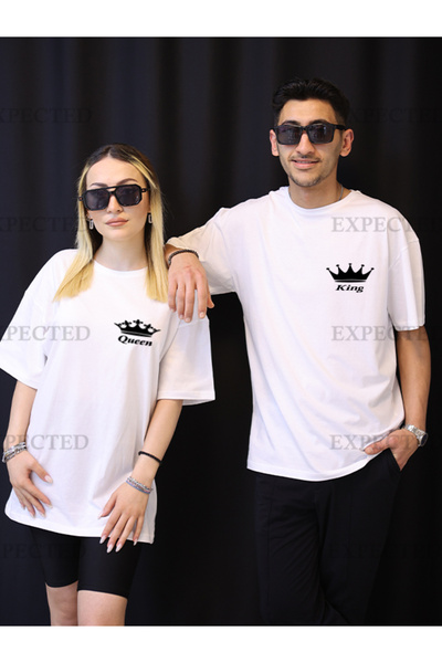 EXPECTED Tricou unisex supradimensionat cu imprimeu King Queen pentru cupluri...