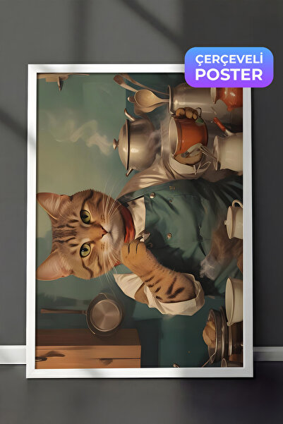 Postifull Slika u beloj ramu, mačka na kafeteriji, kuhinjska zidna slika iz s...