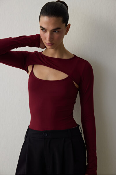 Penti Body cu mâneci lungi Burgundy guler rotund cu detaliu de fereastră