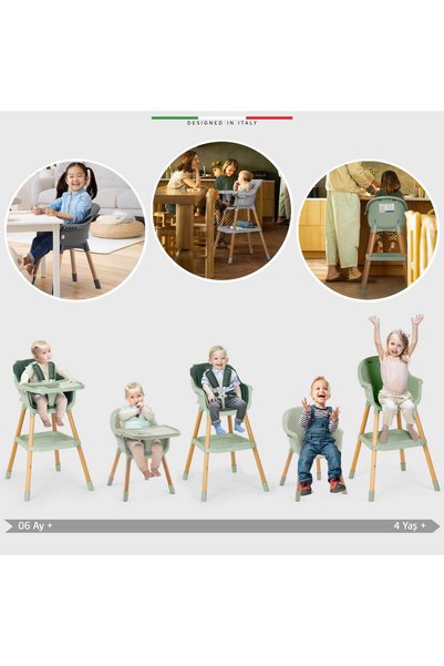 Elele Verona 2 4in1 Ahşap Bebek Mama Sandalyesi ve Mama Oturağı Deri Pedli Yeşil