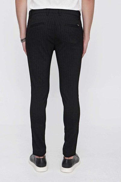 Efor Slim Fit Side Pockets Stretchy Wool Striped Black Fabric Trousers P 1096
