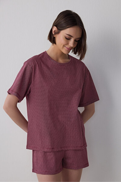 Penti Set de pijamale cu mâneci scurte din bumbac în carouri Burgundy Freya