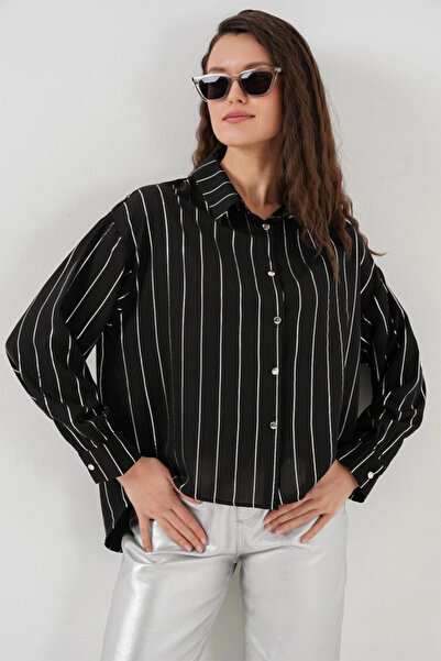 Merterium Дамска черна блуза с дълги ръкави и сребърни ивици