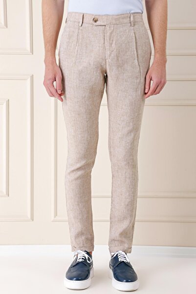 Efor Comfort Fit Beli Lastikli Pileli Keten Casual Bej Pantolon P 1145