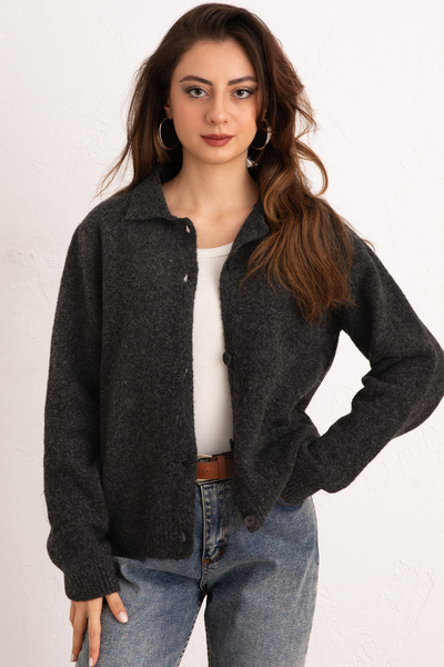 Salih Çelebi Buttoned Collar Knitwear Cardigan 00104 - Anthracite