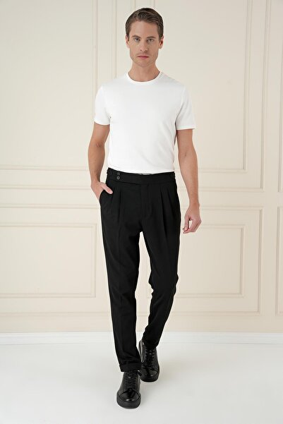 Efor Slim Fit Çift Pileli Yanlardan Tokalı Esnek Pamuk Siyah Pantolon P 1167