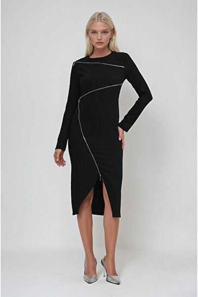 Lijuri Asymmetric zipper detailed midi dress 2944