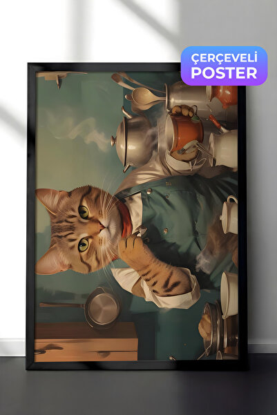 Postifull Slika u crnom okviru, mačka na kafeteriji, kuhinjska zidna slika iz...