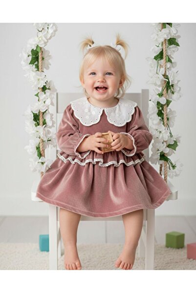 Eray Kids Kız Bebek Elbise Kadife Kız Bebek Dantel Detaylı Bebe Yaka Şık Elbi...
