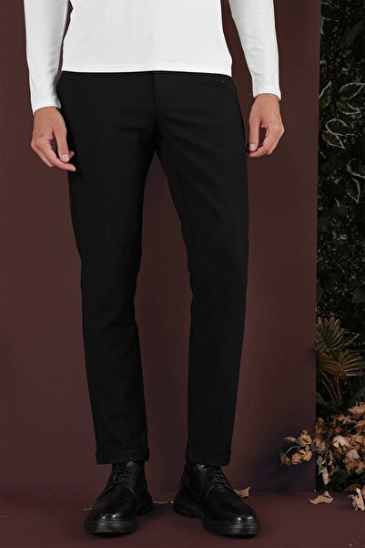 Efor Slim Fit Yan Cepli Dokulu Esnek Casual Siyah Pantolon P 1139
