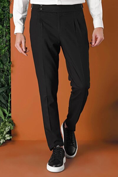 Efor Comfort Fit Çift Pile Yandan Tokalı Yüksek Bel Casual Siyah Pantolon P 1153