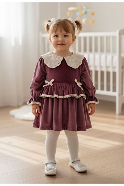 Eray Kids Kız Bebek Elbise Kadife Kız Bebek Dantel Detaylı Bebe Yaka Şık Elbi...