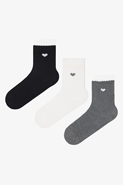 Penti 3 Pairs Cotton Heart Patterned Ruffle Socks