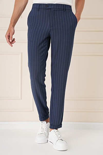 Efor Comfort Fit Çizgili Gofre Kumaş Esnek Lacivert Pamuk Pantolon P 1157