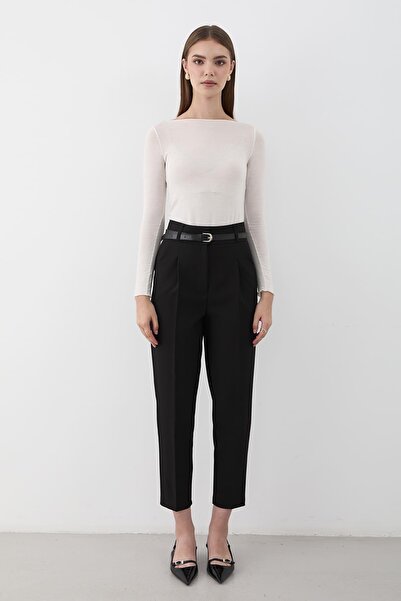 JASTE Women's High Waist Pleated Fabric Trousers Black