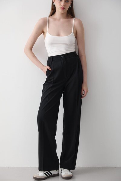 JASTE Kadın Beli Lastikli Bol Paça Palazzo Pantolon SİYAH