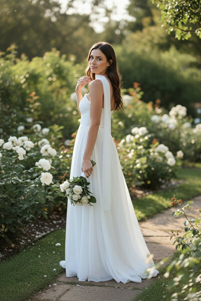 ENDAMIM Nikah Nişan Abiye Dış Çekim Elbise Straplez Şal Detaylı, Kloş Şifon N...