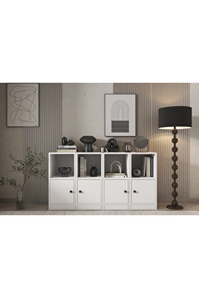Nettrends Eva 4 Kapaklı 4 Raflı Özel Tasarım Modern Beyaz Konsol HVV-KNS-1007