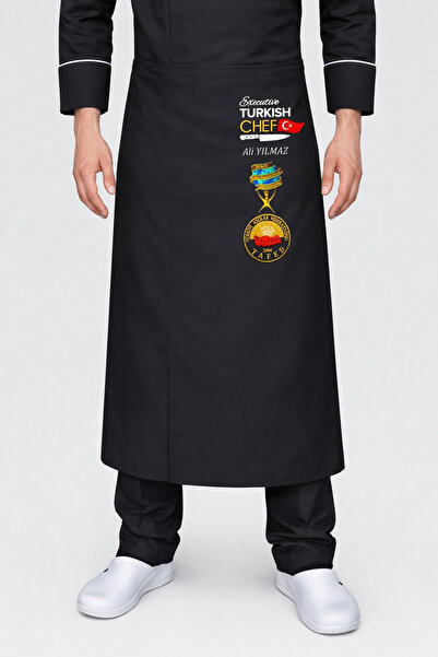 Üniformanya Șorț de bucătar cu broderie a steagului turcesc negru, cu cadou c...