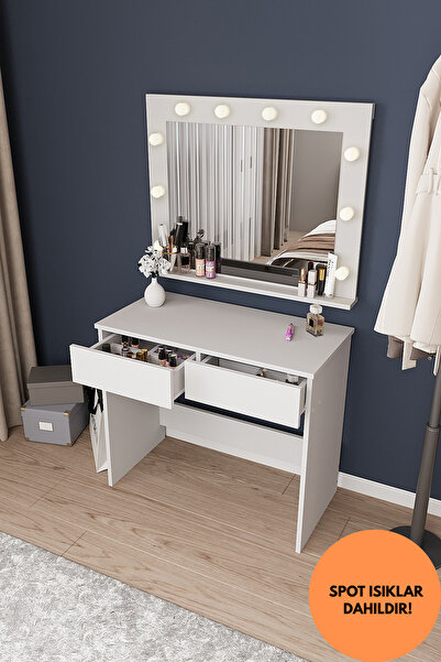 dekor fim DF02108B LED Işıklı Aynalı Holywood Makyaj Masası, Bölmeli Çekmecel...