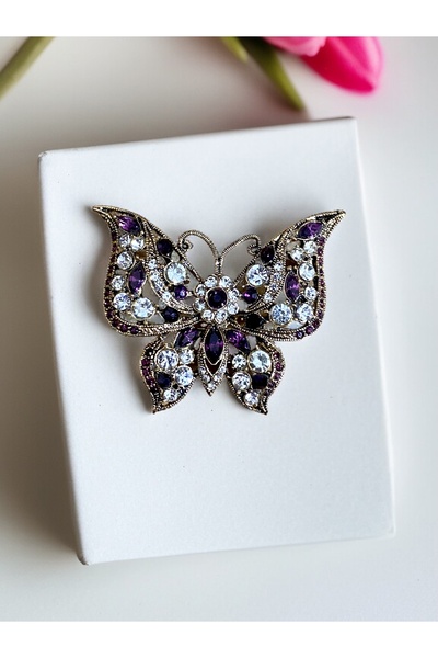FAYRA ACCESSORIES Zirkon Taşlı Kelebek Figürlü İğne Yaka Broş