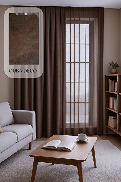 QUBA DECO Premium Natural Keten Dokulu Soft Dökümlü Pileli Tül Perde Salon Ot...