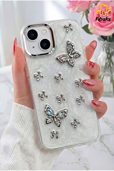 Fibaks حافظة آيفون 13 - 14 - 15، حافظة معدنية لؤلؤية على شكل فراشة إيبوكسي، ن...