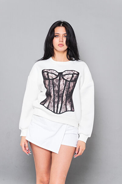 Bak Moda Fit Corset cu imprimeu fără glugă croi relaxat Swea alb pentru femei...
