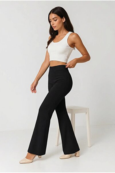 Zeromiss بنطلون تشارلستون فلير واسع الأرجل أسود اللون من الفولاذ المحبوك T يب...