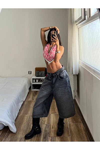 Alien 1979 Kadın Gri Yıkamalı Yüksek Bel Bol Paça Denim Bermuda Şort