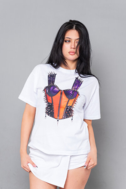 Bak Moda Corset Risk cu imprimeu croi relaxat Alb Femei tricou