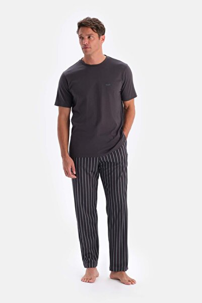 Dagi Füme Kısa Kollu Bisiklet Yaka Altı Çizgi Metraj Baskılı Pijama Takımı