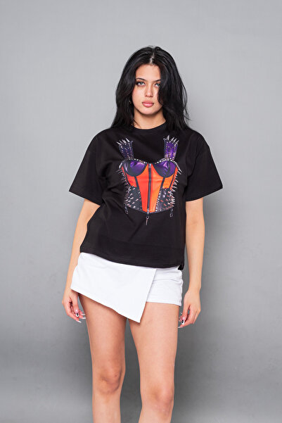Bak Moda Corset Risk cu imprimeu croi relaxat Negru Femei tricou
