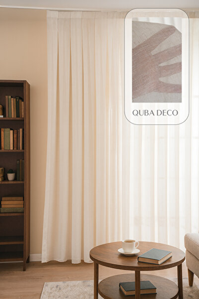 QUBA DECO Premium Natural Keten Dokulu Soft Dökümlü Pileli Tül Perde Salon Ot...