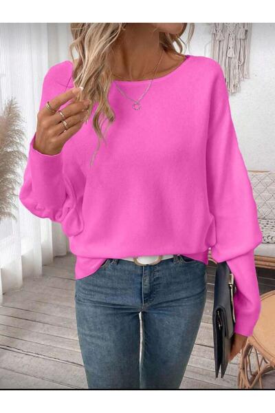 Maysev Kayık Yaka Yarasa Kol Loose Fit Bordo-Pembe Kadın Kazak