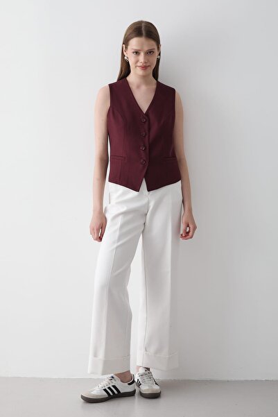 JASTE Kadın Astarlı Düğme Detaylı Yelek BORDO