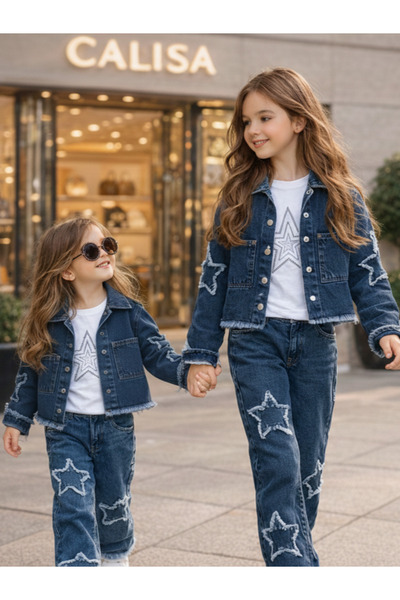 CALİSA طقم دنيم بتفاصيل نجمة ثلاثية للفتيات – جاكيت + تي شيرت + بنطلون جينز (...