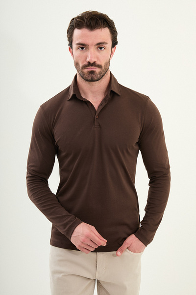 Mcr تي شيرت رجالي بقصة ضيقة وأكمام طويلة وياقة بولو، بني - 36672.21K