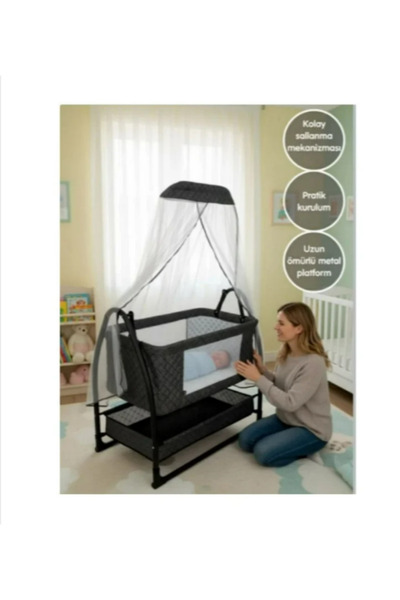 TURHANBEBE Nuans Keten Kumaş Portatif Anne Yanı Cibinlikli Hamak Beşik