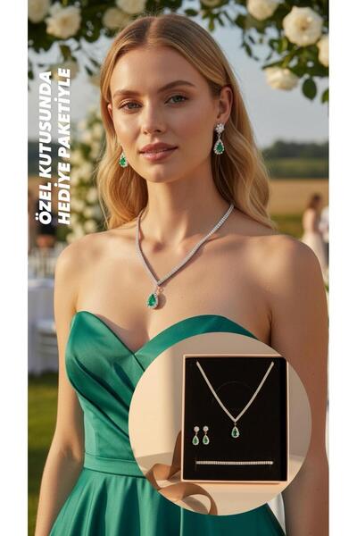 Rose Silver Plated Green Gemstone Jewelry Set Necklace Earrings Bracelet Wedding Wedding