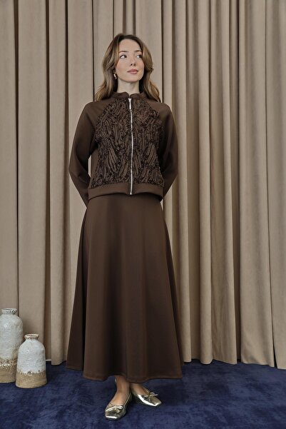 Puane Жіночий комплект з курткою на блискавці з мереживними деталями - 14385T...