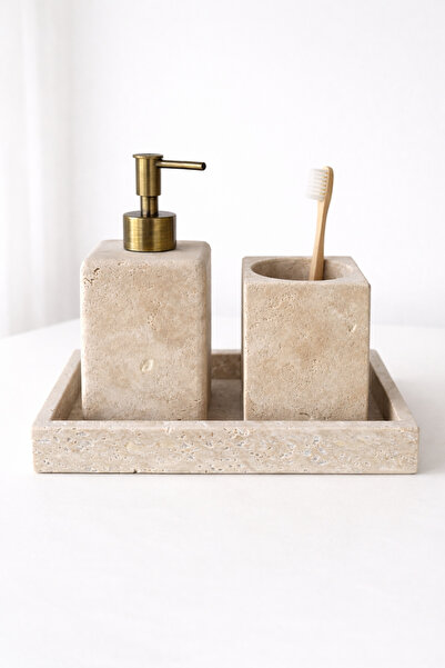 DMR HOME Doğal Traverten Taş Banyo Seti – Sıvı Sabunluk ve Diş Fırçalık | Min...