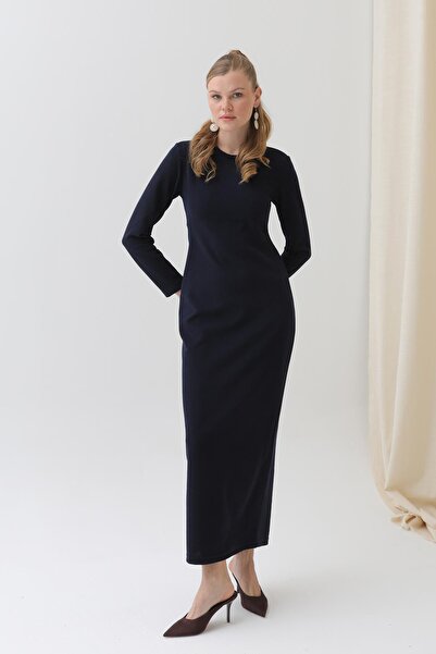 Puane Rochie maxi tricotată cu mânecă lungă basic pentru femei-12591ELB - NAVY