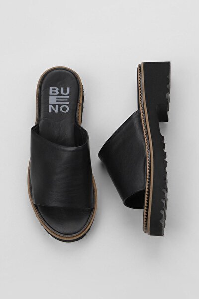 Bueno Shoes Μαύρες δερμάτινες γυναικείες φλατ παντόφλες 01wu6705