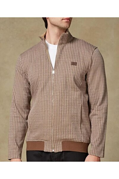 Abbate Edon Örme Kumaş Pamuklu Modern Fit Kahverengi Dik Yaka Erkek Çizgili Sweatshirt